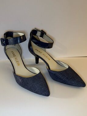 Anne Klein Navy Pointed Toe Ankle Strap Heels